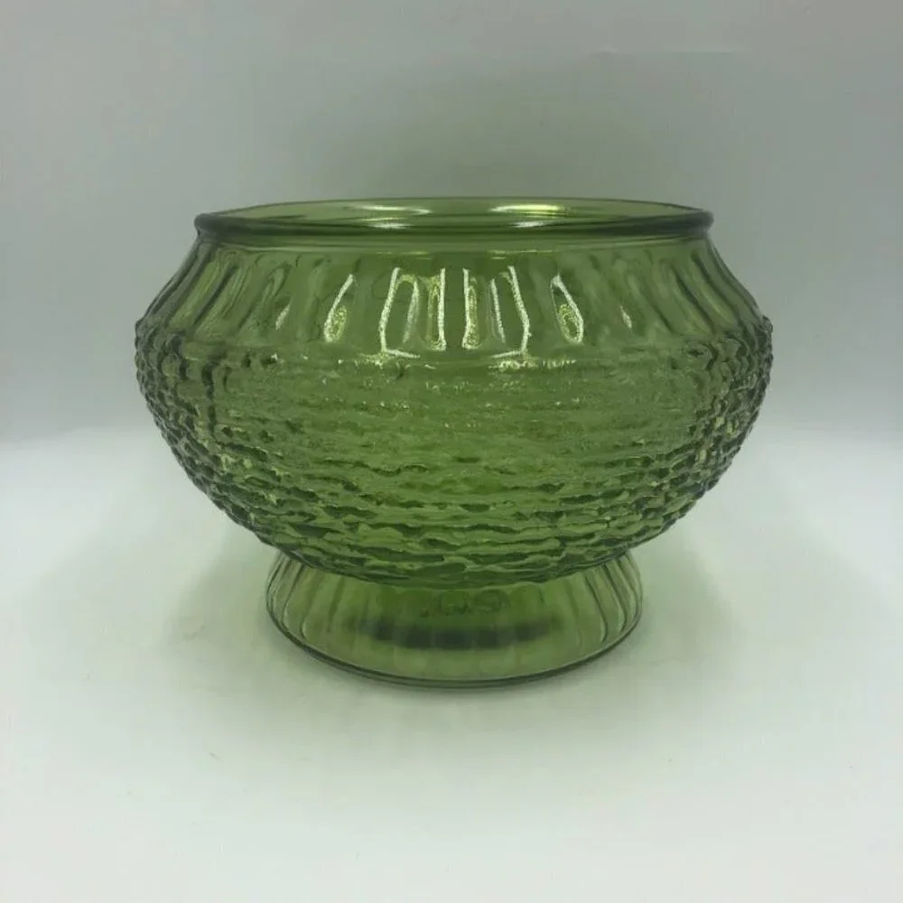 Vintage NAPCO 1176 Green Glass Vase Bowl Ribbed
